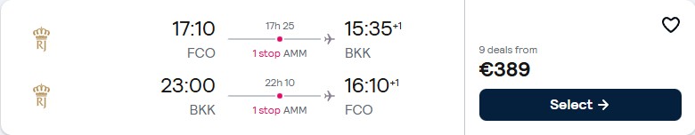 Cheap flights from Rome, Italy to Bangkok, Thailand for only €389 roundtrip. Flight deal ticket image.