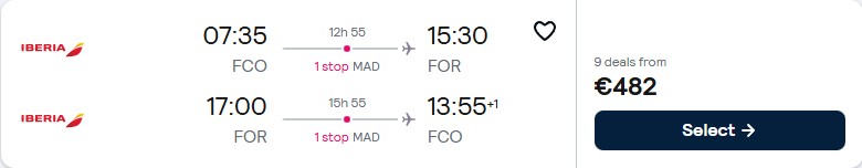 Cheap flights from Rome, Italy to Fortaleza, Brazil for only €482 roundtrip with Iberia. Flight deal ticket image.