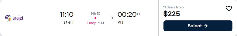 Cheap flights from Sao Paulo, Brazil to Montreal, Canada for only $225 USD one-way. Flight deal ticket image.