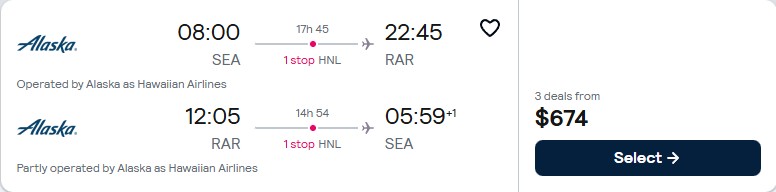 Click here to book this cheap flight deal. Summer flights from Seattle to the Cook Islands for only $673 roundtrip with Alaska Airlines. Flight deal ticket image.