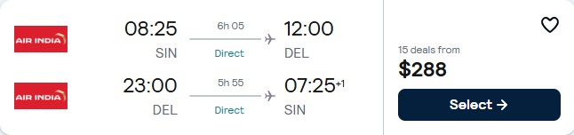 Non-stop flights from Singapore to Delhi, India for only $288 USD roundtrip. Flight deal ticket image.