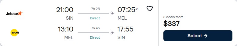 Click here to book this cheap flight deal. Non-stop flights from Singapore to Melbourne, Australia for only $337 USD roundtrip with Jetstar. Flight deal ticket image.