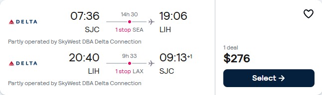 Cheap flights from San Jose, California to Lihue, Hawaii for only $276 roundtrip with Delta Air Lines. Also works in reverse. Flight deal ticket image.