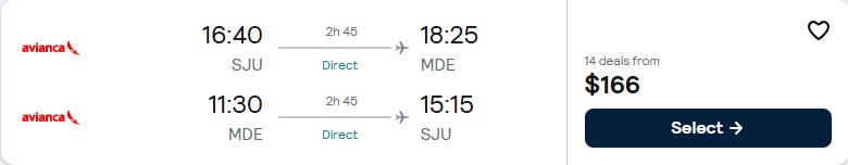 Click here to book this cheap flight deal. Non-stop flights from San Juan, Puerto Rico to Medellin, Colombia for only $166 USD roundtrip with Avianca. Flight deal ticket image.