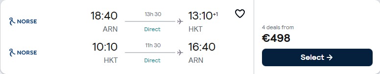 Non-stop flights from Stockholm, Sweden to Phuket, Thailand for only €498 roundtrip. Flight deal ticket image.