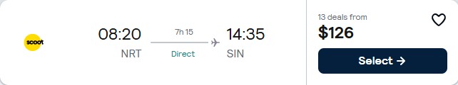 Non-stop flights from Tokyo, Japan to Singapore for only $126 USD one-way. Flight deal ticket image.
