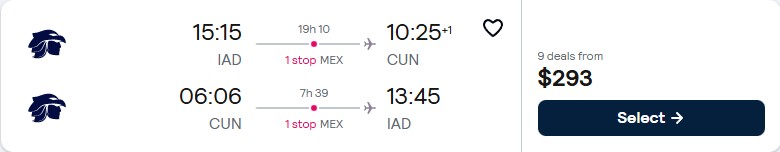 Click here to book this cheap flight deal. Cheap flights from Washington DC to Cancun, Mexico for only $293 roundtrip with Aeromexico. Flight deal ticket image.