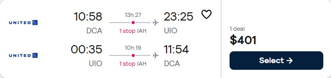 Summer flights from Washington DC to Quito, Ecuador for only $401 roundtrip with United Airlines. Flight deal ticket image.