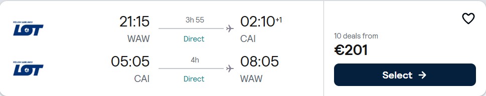 Click here to book this cheap flight deal. Non-stop flights from Warsaw, Poland to Cairo, Egypt for only €201 roundtrip with LOT Polish Airlines. Flight deal ticket image.