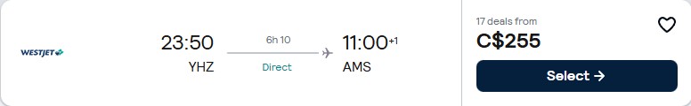 Click here to book this cheap flight deal. Non-stop flights from Halifax, Canada to Amsterdam, Netherlands for only $255 CAD one-way. Flight deal ticket image.