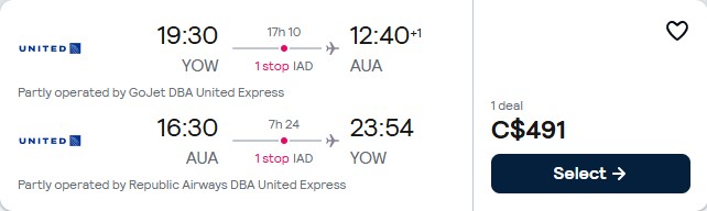 Click here to book this cheap flight deal. Cheap flights from Ottawa, Canada to Aruba for only $491 CAD roundtrip with United Airlines. Flight deal ticket image.