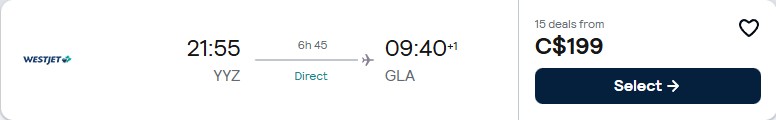 Click here to book this cheap flight deal. Non-stop flights from Toronto, Canada to Glasgow, Scotland for only $191 CAD one-way. Flight deal ticket image.