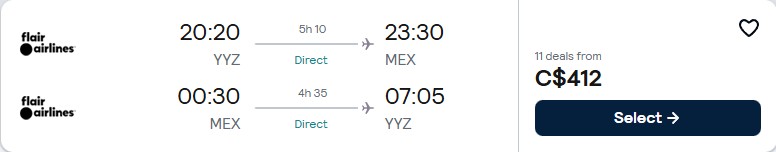 Click here to book this cheap flight deal. Non-stop flights from Toronto, Canada to Mexico City, Mexico for only $412 CAD roundtrip. Flight deal ticket image.
