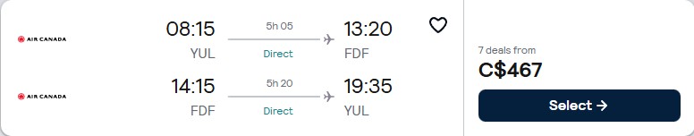 Non-stop flights from Montreal, Canada to Martinique for only $467 CAD roundtrip with Air Canada. Flight deal ticket image.