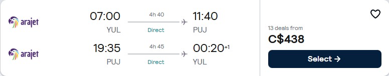 Non-stop flights from Montreal, Canada to the Dominican Republic for only $438 CAD roundtrip. Flight deal ticket image.