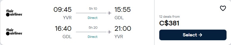 Non-stop flights from Vancouver, Canada to Guadalajara, Mexico for only $381 CAD roundtrip. Flight deal ticket image.