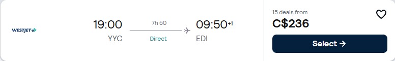Non-stop flights from Calgary, Canada to Edinburgh, Scotland for only $236 CAD one-way. Flight deal ticket image.