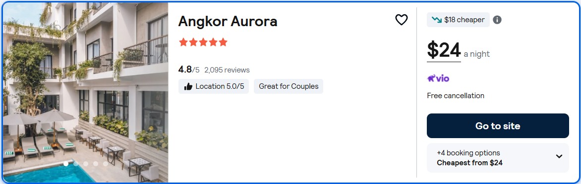 Stay at the 5* Angkor Aurora in Siem Reap, Cambodia for only $24 USD per night. Flight deal ticket image.