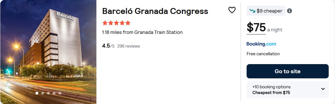 Click here to book this cheap flight deal. Stay at the 5* Barceló Granada Congress in Granada, Spain for only $75 USD per night. Flight deal ticket image.