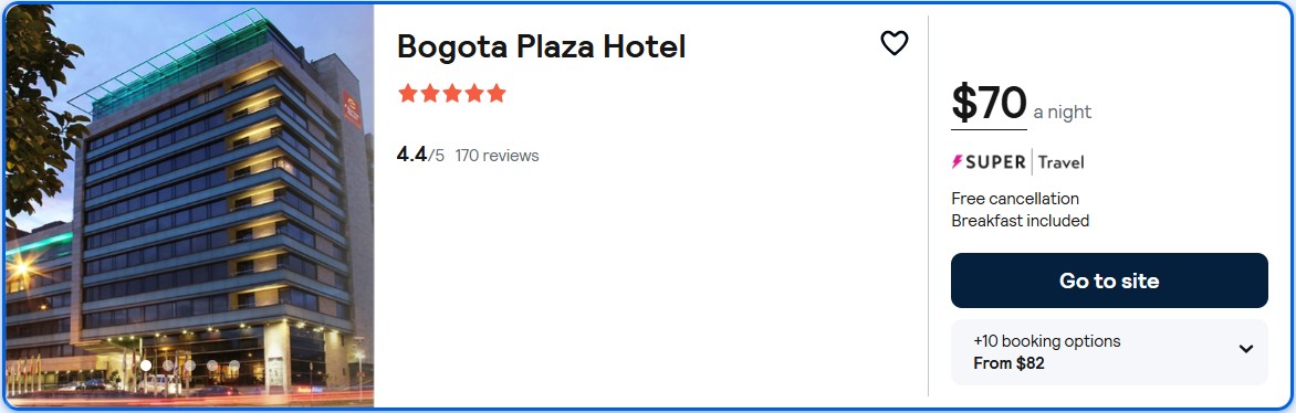 Stay at the 5* Bogota Plaza Hotel in Bogota, Colombia for only $70 USD per night over Christmas. Flight deal ticket image.