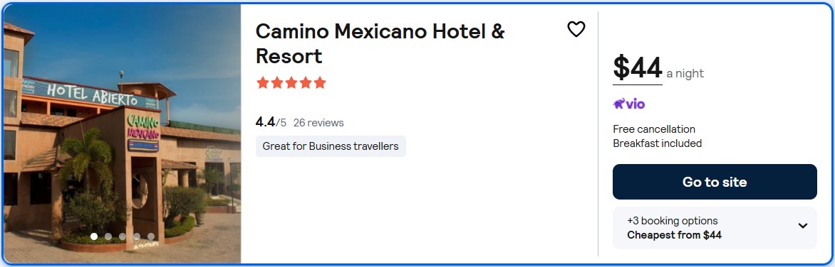 Click here to book this cheap flight deal. Stay at the 5* Camino Mexicano Hotel & Resort in Tuxtla Gutierrez, Mexico for only $44 USD per night. Flight deal ticket image.