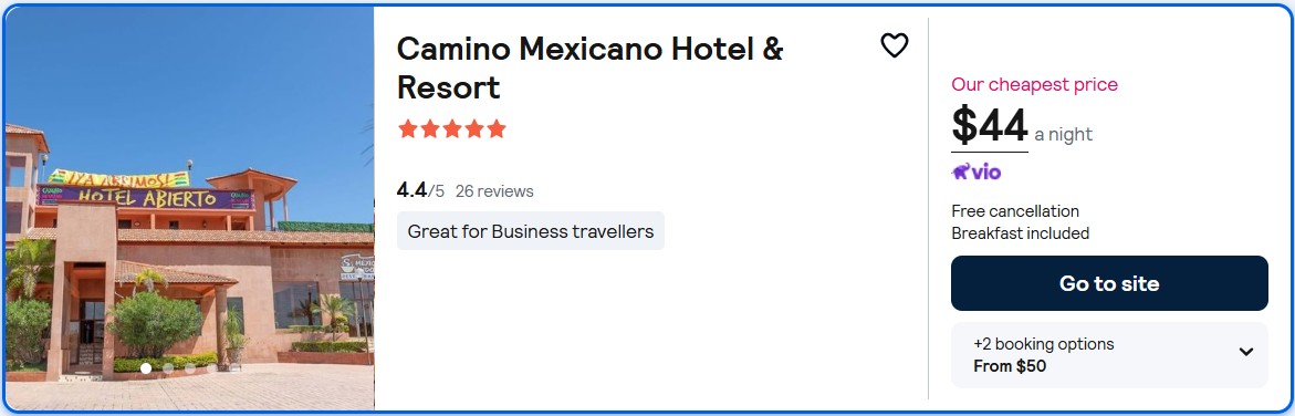 Click here to book this cheap flight deal. Stay at the 5* Camino Mexicano Hotel & Resort in Tuxtla Gutierrez, Mexico for only $44 USD per night. Flight deal ticket image.