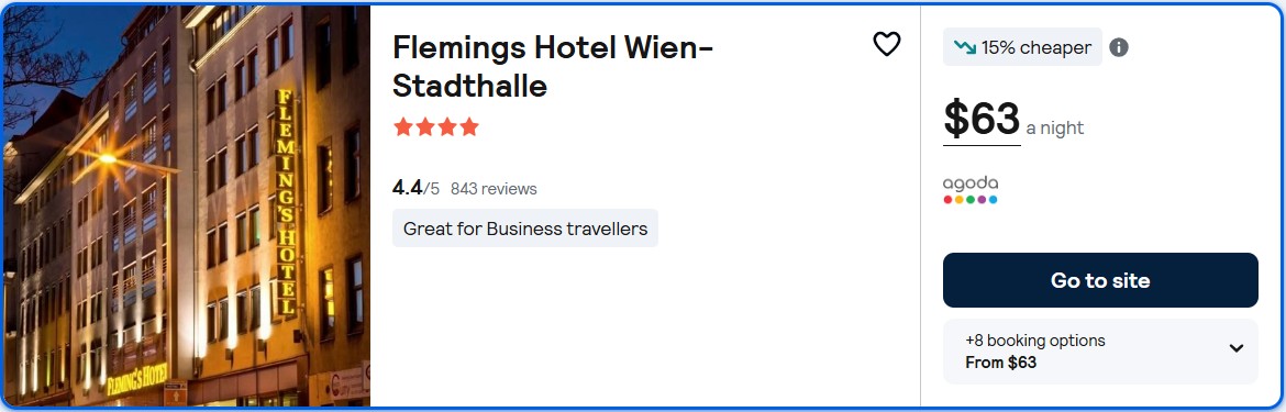 Click here to book this cheap flight deal. Stay at the 4* Flemings Hotel Wien-Stadthalle in Vienna, Austria for only $63 USD per night. Flight deal ticket image.