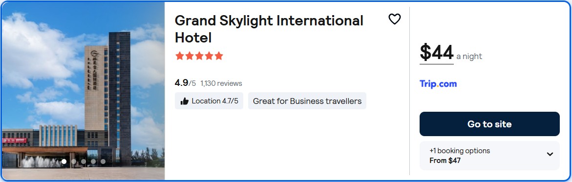 Click here to book this cheap flight deal. Stay at the 5* Grand Skylight International Hotel in Wuhai, China for only $44 USD per night. Flight deal ticket image.