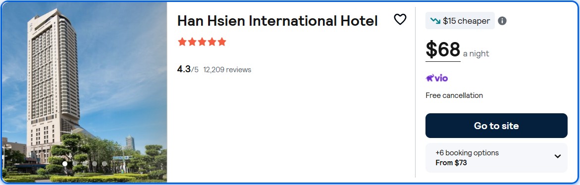 Click here to book this cheap flight deal. Stay at the 5* Han Hsien International Hotel in Kaohsiung, Taiwan for only $68 USD per night. Flight deal ticket image.