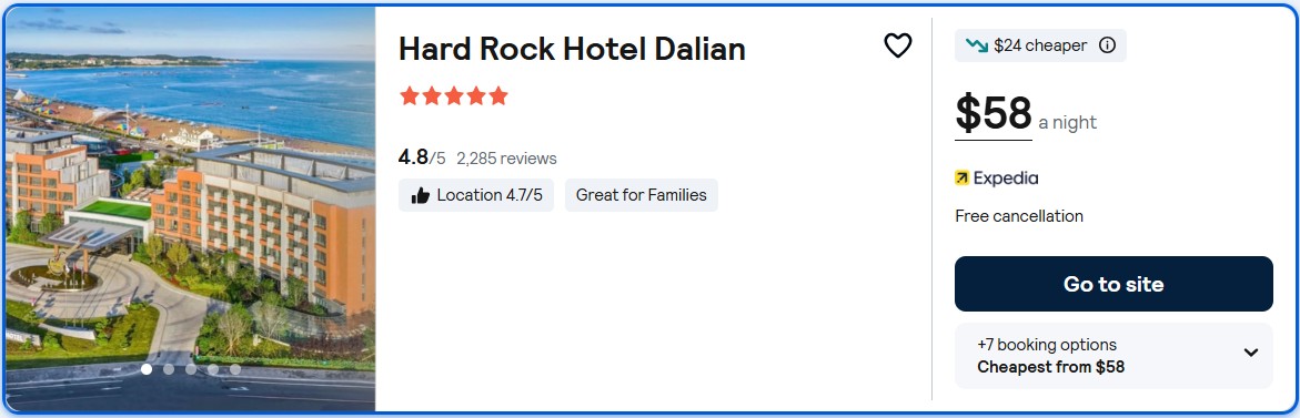 Click here to book this cheap flight deal. Stay at the 5* Hard Rock Hotel Dalian in Dalian, China for only $58 USD per night. Flight deal ticket image.