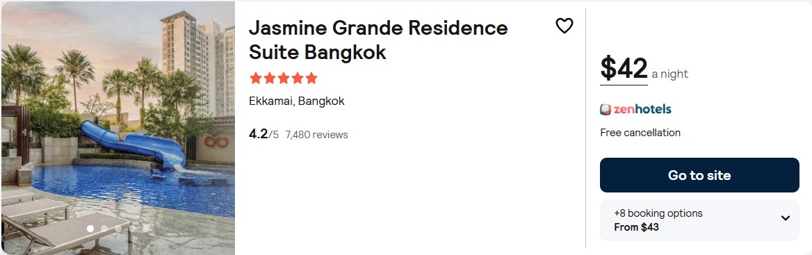 Stay at the 5* Jasmine Grande Residence Suite Bangkok in Bangkok, Thailand for only $42 USD per night. Flight deal ticket image.