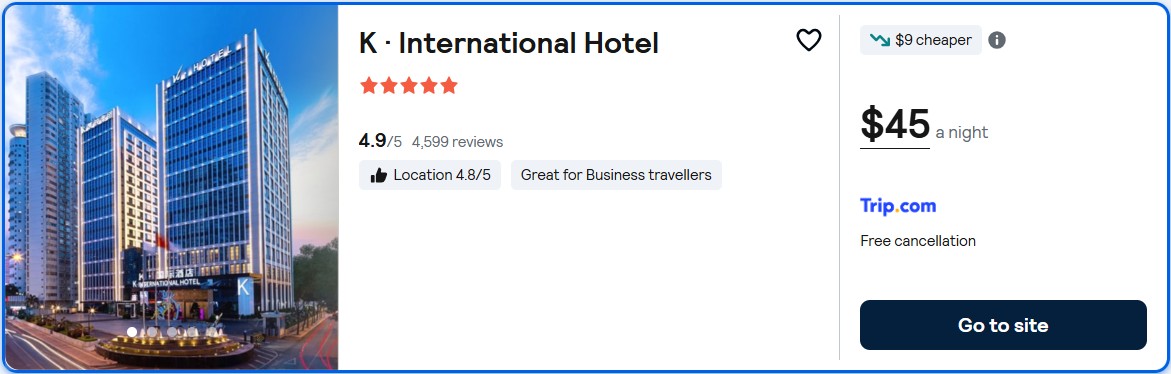 Stay at the 5* K · International Hotel in Nanning, China for only $45 USD per night. Flight deal ticket image.