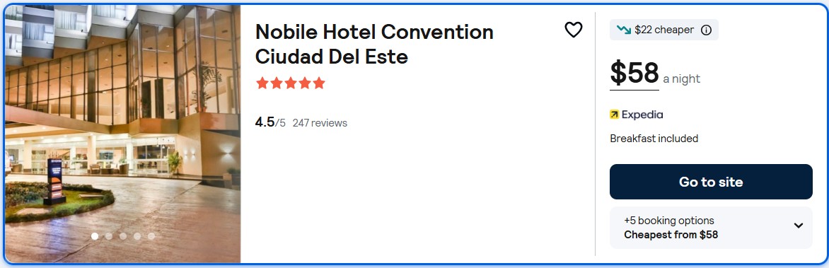 Click here to book this cheap flight deal. Stay at the 5* Nobile Hotel Convention Ciudad Del Este in Ciudad del Este, Paraguay for only $58 USD per night. Flight deal ticket image.