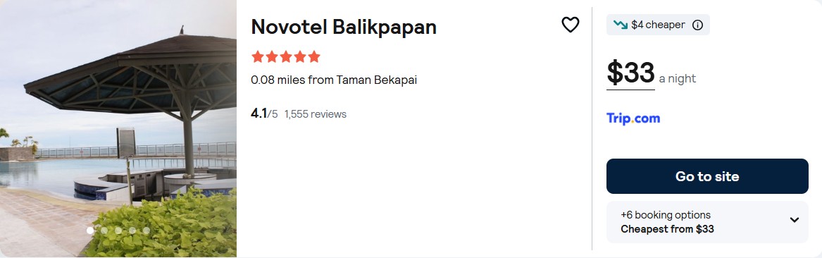 Click here to book this cheap flight deal. Stay at the 5* Novotel Balikpapan in Balikpapan, Indonesia for only $33 USD per night. Flight deal ticket image.