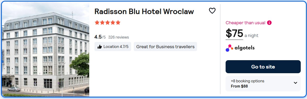 Click here to book this cheap flight deal. Stay at the 5* Radisson Blu Hotel Wroclaw in Wroclaw, Poland for only $75 USD per night. Flight deal ticket image.