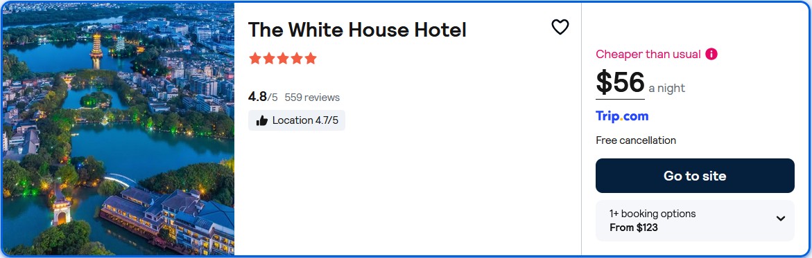 Stay at the 5* The White House Hotel in Guilin, China for only $56 USD per night. Flight deal ticket image.