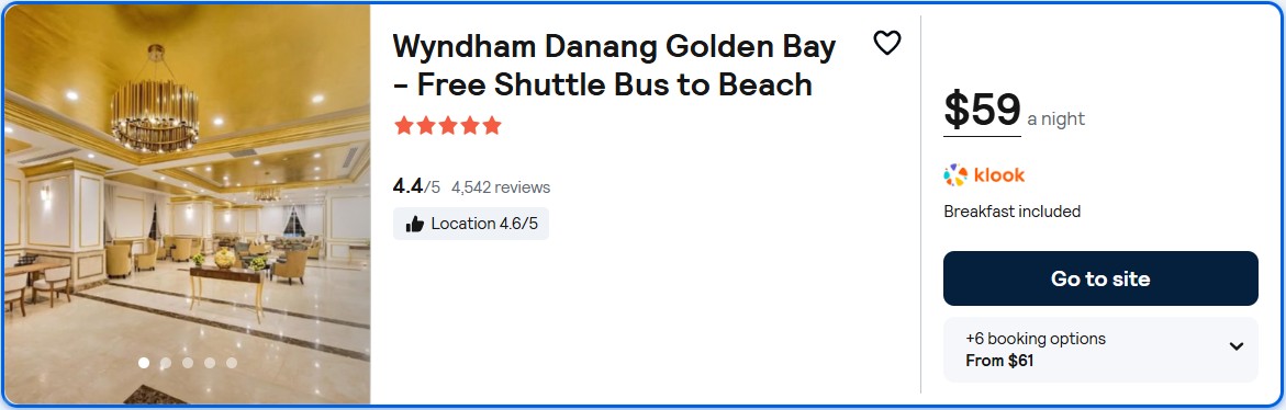 Click here to book this cheap flight deal. Stay at the 5* Wyndham Danang Golden Bay - Free Shuttle Bus to Beach in Da Nang, Vietnam for only $59 USD per night. Flight deal ticket image.