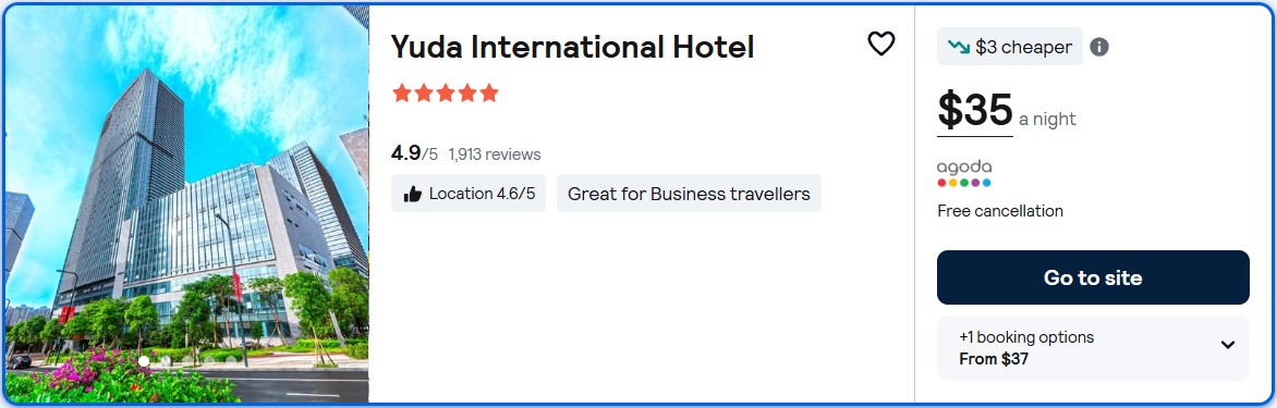 Stay at the 5* Yuda International Hotel in Nanning, China for only $35 USD per night. Flight deal ticket image.
