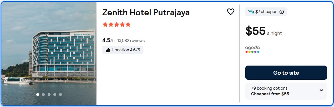 Stay at the 5* Zenith Hotel Putrajaya in Kuala Lumpur, Malaysia for only $55 USD per night. Flight deal ticket image.
