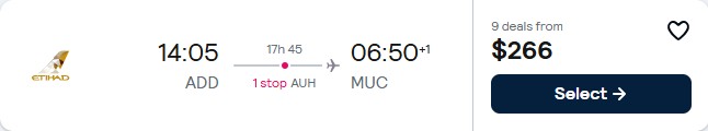 Summer flights from Addis Ababa, Ethiopia to Munich, Germany for only $266 USD one-way with Etihad Airways. Flight deal ticket image.