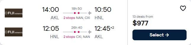 Click here to book this cheap flight deal. Summer flights from Auckland, New Zealand to Honolulu, Hawaii for only $977 NZD roundtrip with Fiji Airways. Flight deal ticket image.