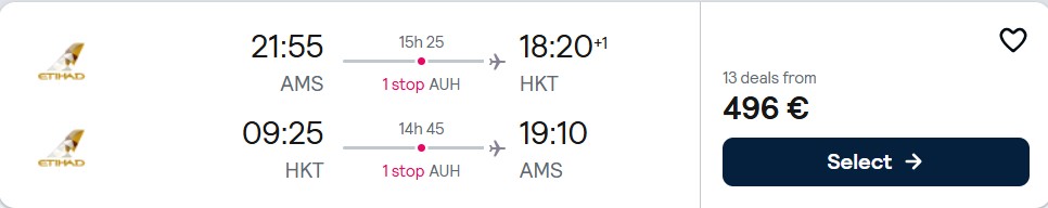 Click here to book this cheap flight deal. Cheap flights from Amsterdam, Netherlands to Phuket, Thailand for only €496 roundtrip with Etihad Airways. Flight deal ticket image.
