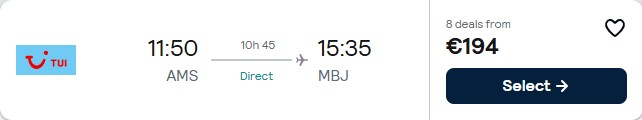 Click here to book this cheap flight deal. Non-stop, last minute flights from Amsterdam, Netherlands to Montego Bay, Jamaica for only €194 one-way. Flight deal ticket image.