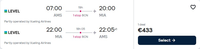 Cheap flights from Amsterdam, Netherlands to Miami, USA for only €433 roundtrip. Flight deal ticket image.