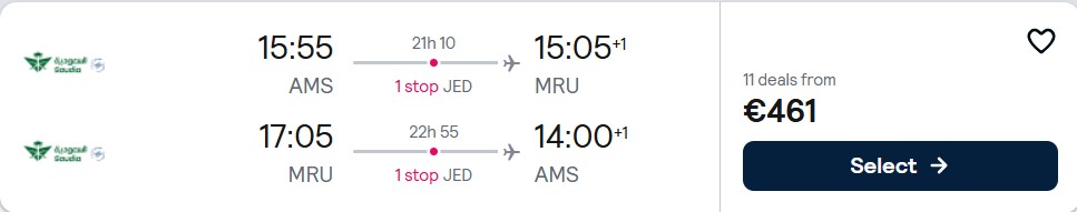 Click here to book this cheap flight deal. Cheap flights from Amsterdam, Netherlands to Mauritius for only €461 roundtrip. Flight deal ticket image.