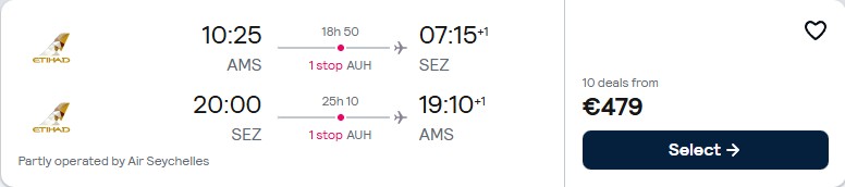 Click here to book this cheap flight deal. Cheap flights from Amsterdam, Netherlands to the Seychelles for only €479 roundtrip with Etihad Airways. Flight deal ticket image.