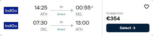 Click here to book this cheap flight deal. Non-stop flights from Athens, Greece to Delhi, India for only €354 roundtrip. Flight deal ticket image.