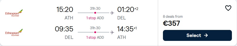 Click here to book this cheap flight deal. Cheap flights from Athens, Greece to Delhi, India for only €357 roundtrip. Flight deal ticket image.