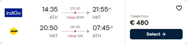 Click here to book this cheap flight deal. Summer flights from Athens, Greece to Phuket, Thailand for only €480 roundtrip. Flight deal ticket image.