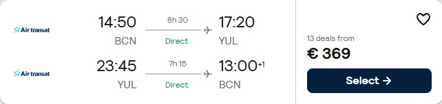 Click here to book this cheap flight deal. Non-stop flights from Barcelona, Spain to Montreal, Canada for only €369 roundtrip. Flight deal ticket image.